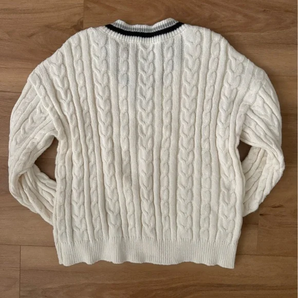 Cream Cable V-Neck Sweater with Black Trim - Picture 3 of 3